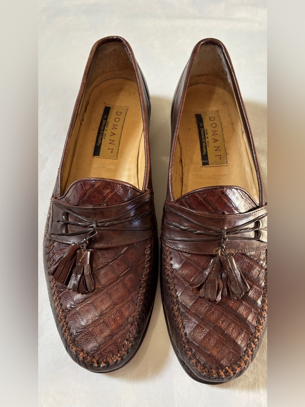 Domani Johnston & Murphy Men’s 10M Brown Woven Leather Tassel Loafers Made Italy
